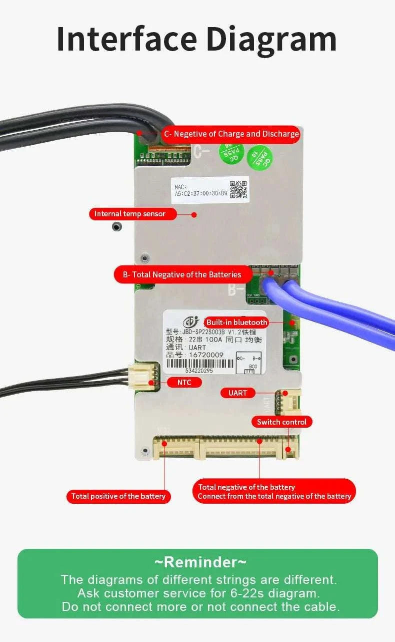 Smart LiFePO4 BMS with Bluetooth Balance Board 40A-100A for E-Bike-40A UART BT / 3.2V LFP / China Mainland