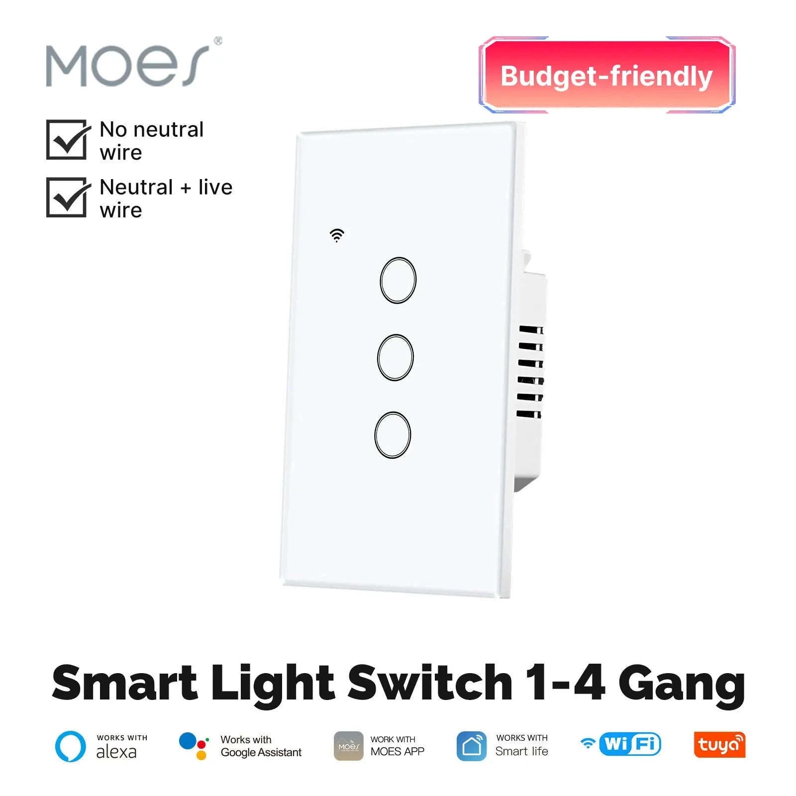 Smart Light Switch No Neutral WiFi Touch Control-2 Gang US Switch / United States