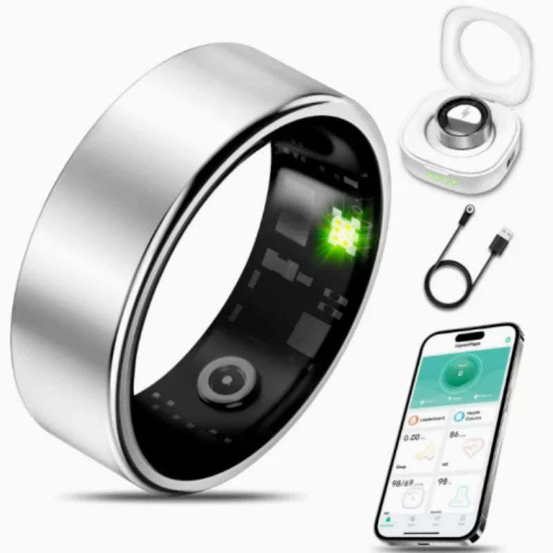 Smart Ring with Charging Case, Heart Rate, Blood Oxygen, Blood Pressure and Sleep Monitoring, 5ATM Waterproof-Sliver / 9 / United States