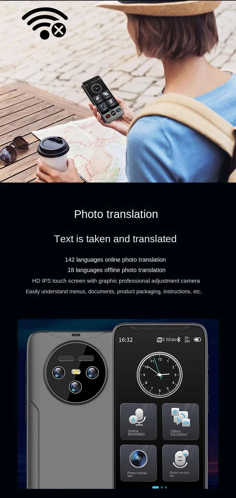 Smart Voice Translator with Touch Screen, HD Camera and Offline Mode-Grey / China Mainland