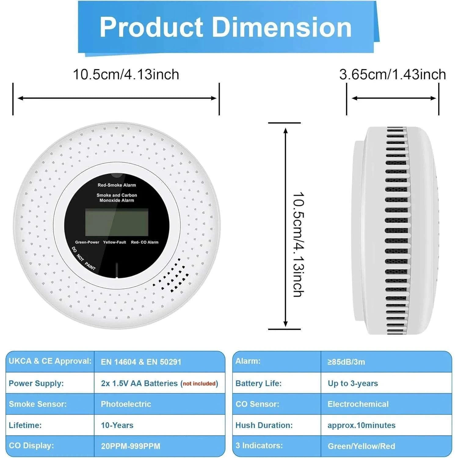 Smoke Detector and Carbon Monoxide Detector 10 Years Sensor Life 2-in-1 Gas Detector with LCD Display 2 PCS AA Battery For Home-1-PACK / China Mainland