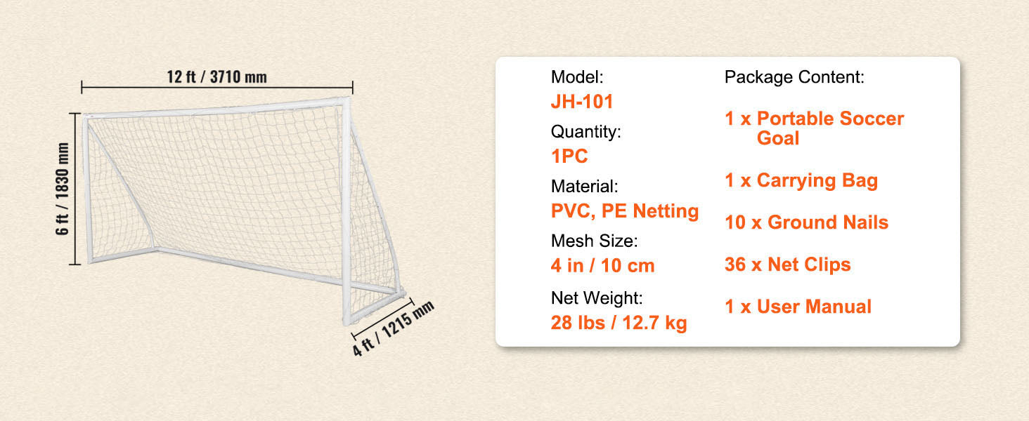 12x6FT Portable Soccer Goal with Carry Bag