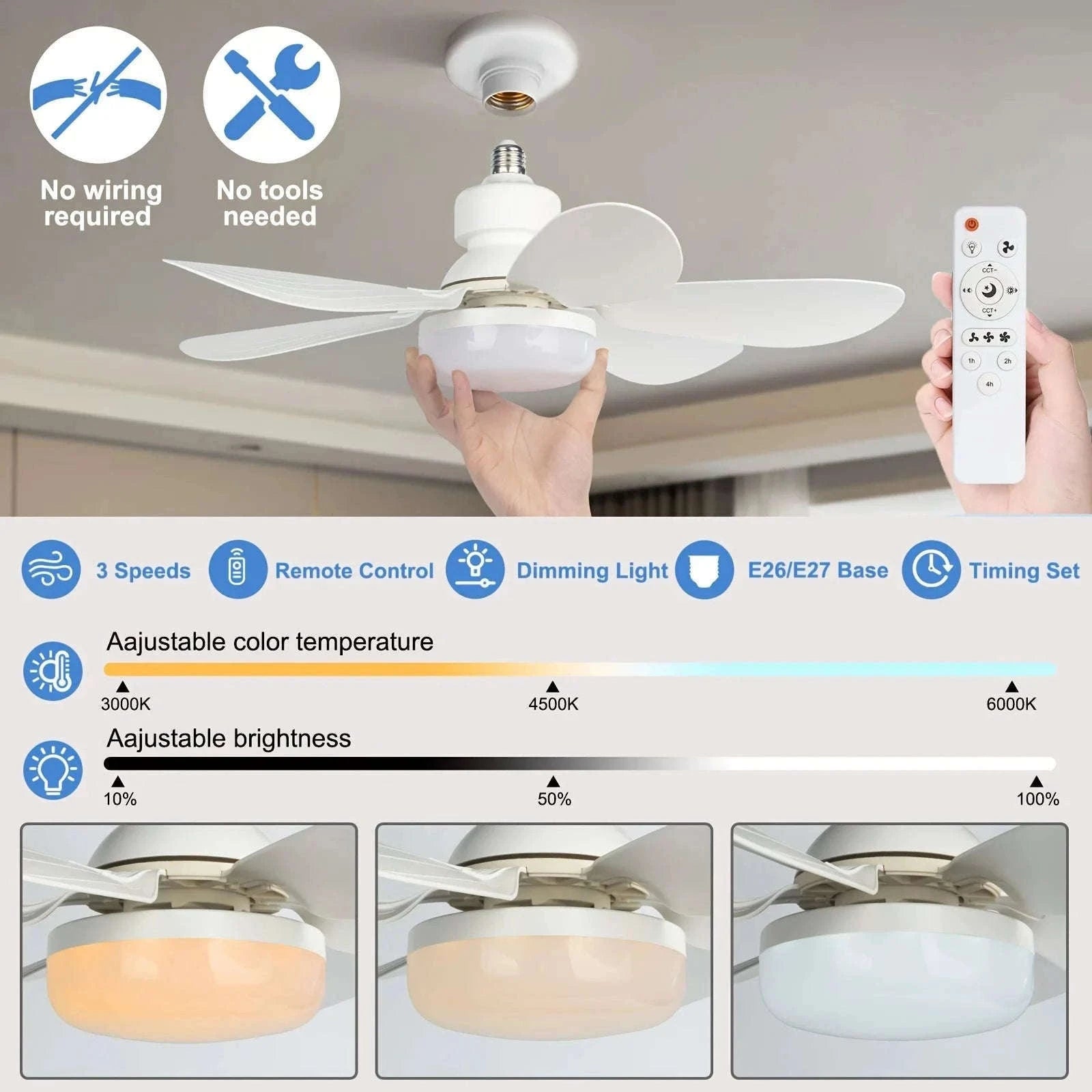 Socket Fan Light with Remote Control for Small Rooms-40W White Fan Light / 85-265V