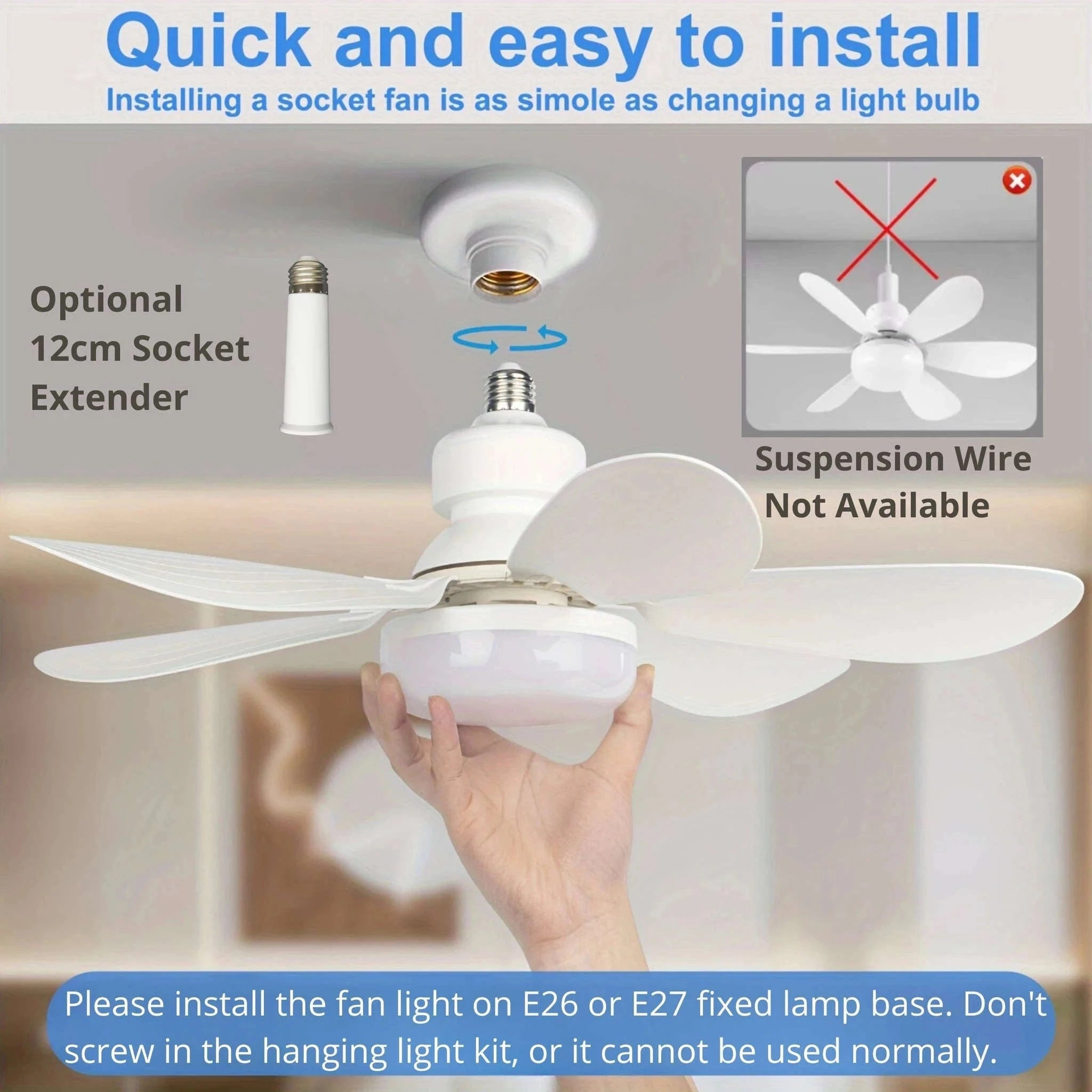 Socket Fan Light with Remote Control for Small Rooms-40W White Fan Light / 85-265V