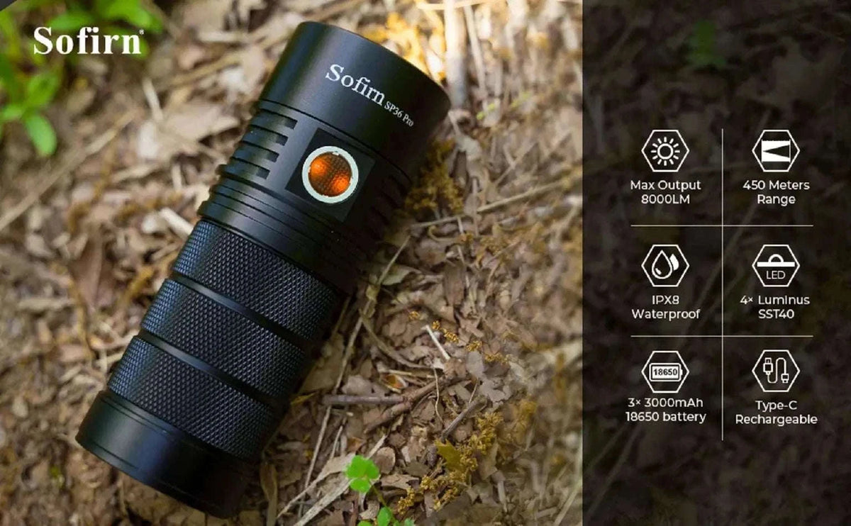 Sofirn SP36 Pro 8000lm USB-C Rechargeable LED Flashlight-with 18650 battery / 6000-6500K / United States