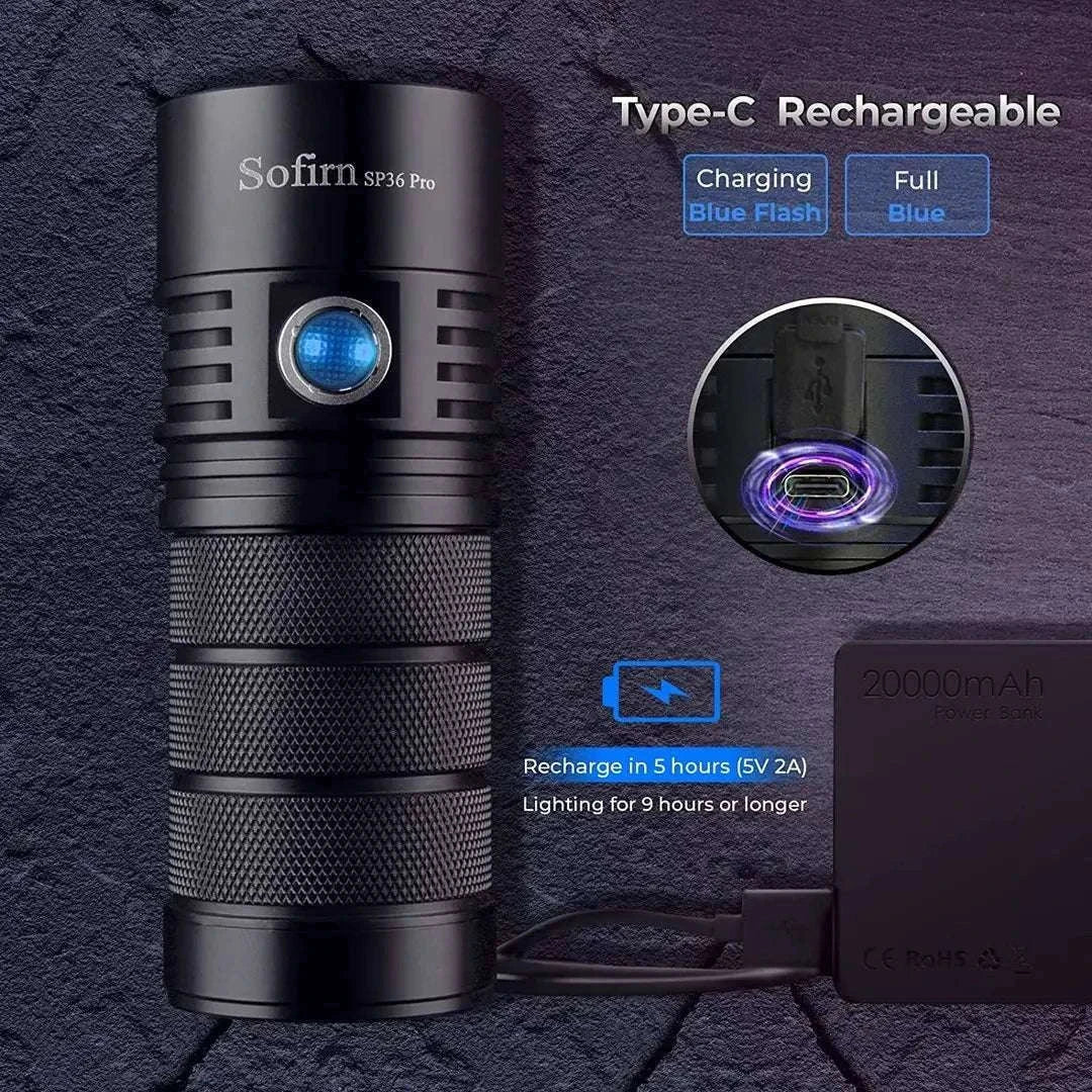 Sofirn SP36 Pro 8000lm USB-C Rechargeable LED Flashlight-with 18650 battery / 6000-6500K / United States