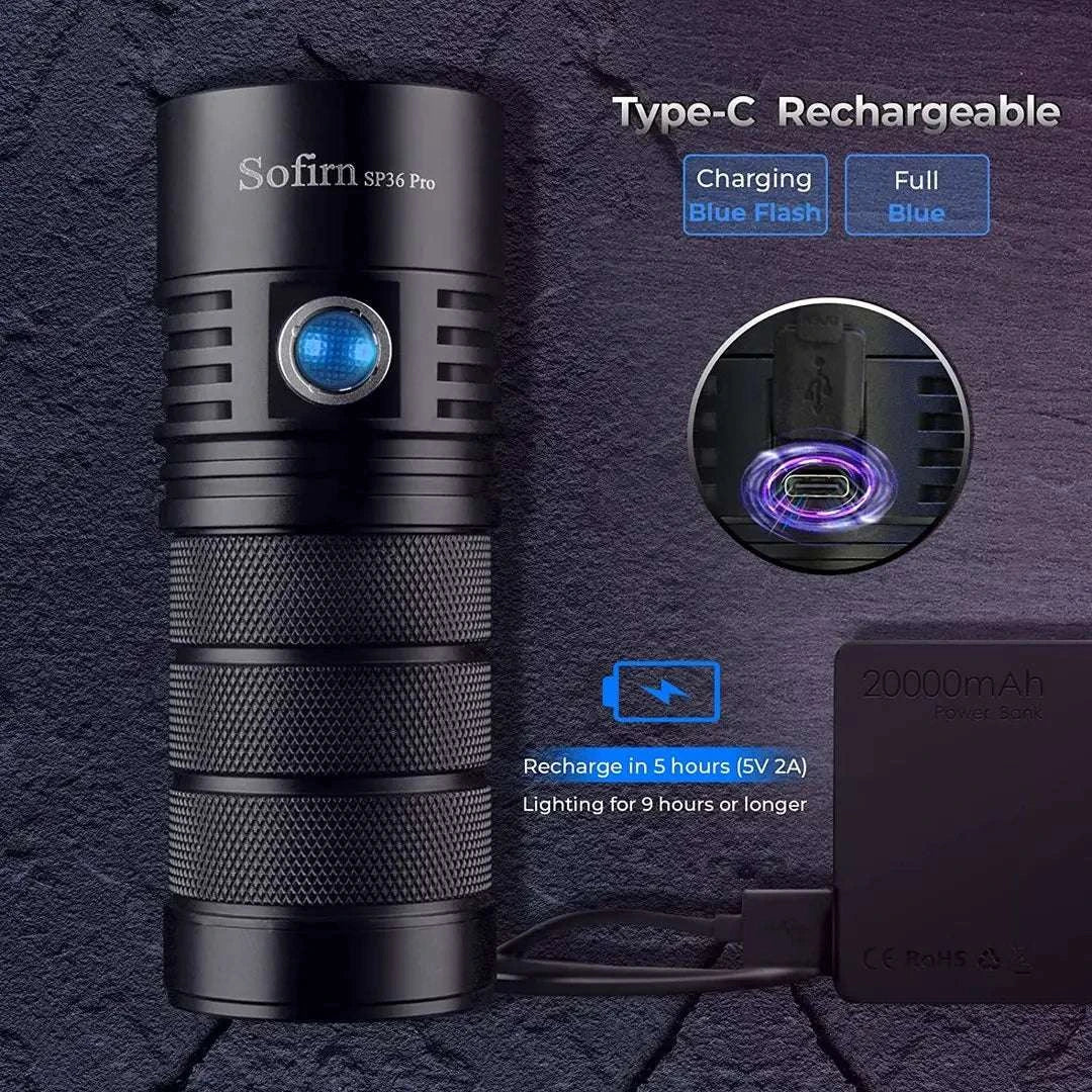 Sofirn SP36 Pro 8000lm USB-C Rechargeable LED Flashlight-with 18650 battery / 6000-6500K / United States