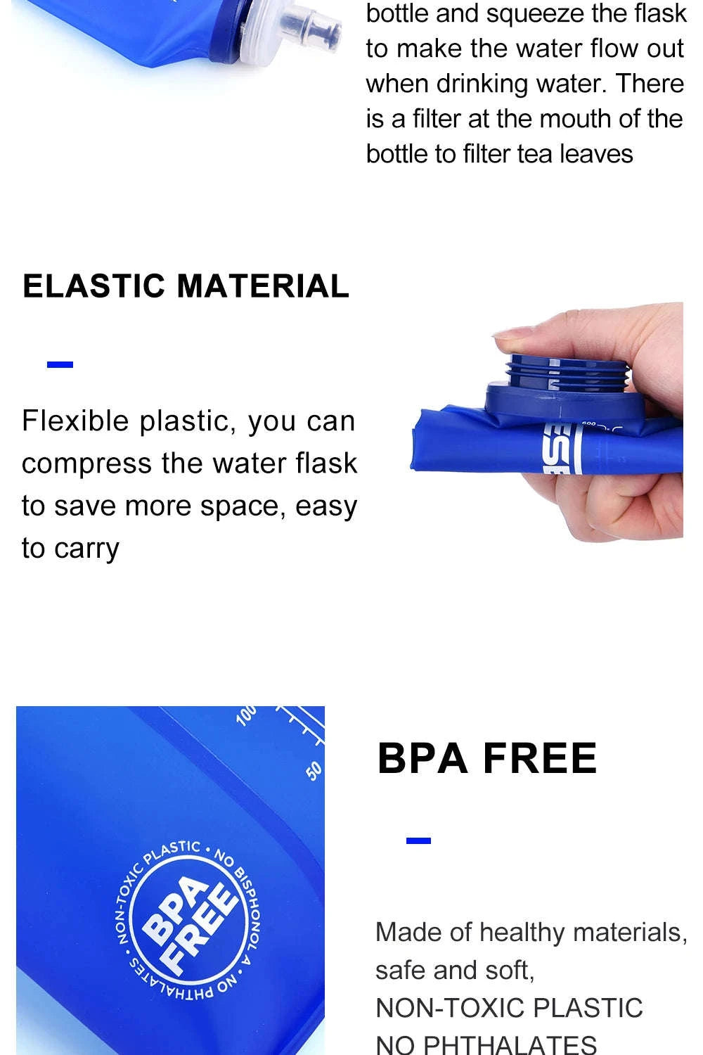Soft Water Bottle Foldable Flask for Outdoor Sports-Blue