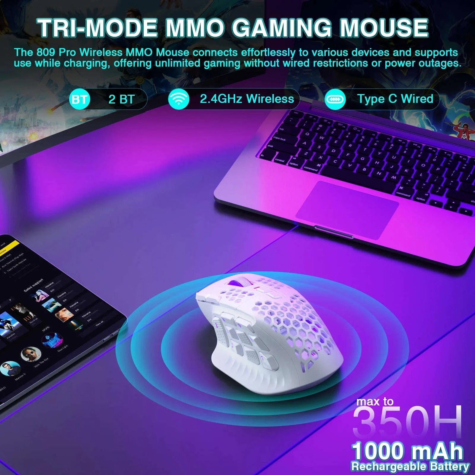 SOLAKAKA SM809 Pro Wireless MMO Gaming Mouse-White Tri-mode / CHINA