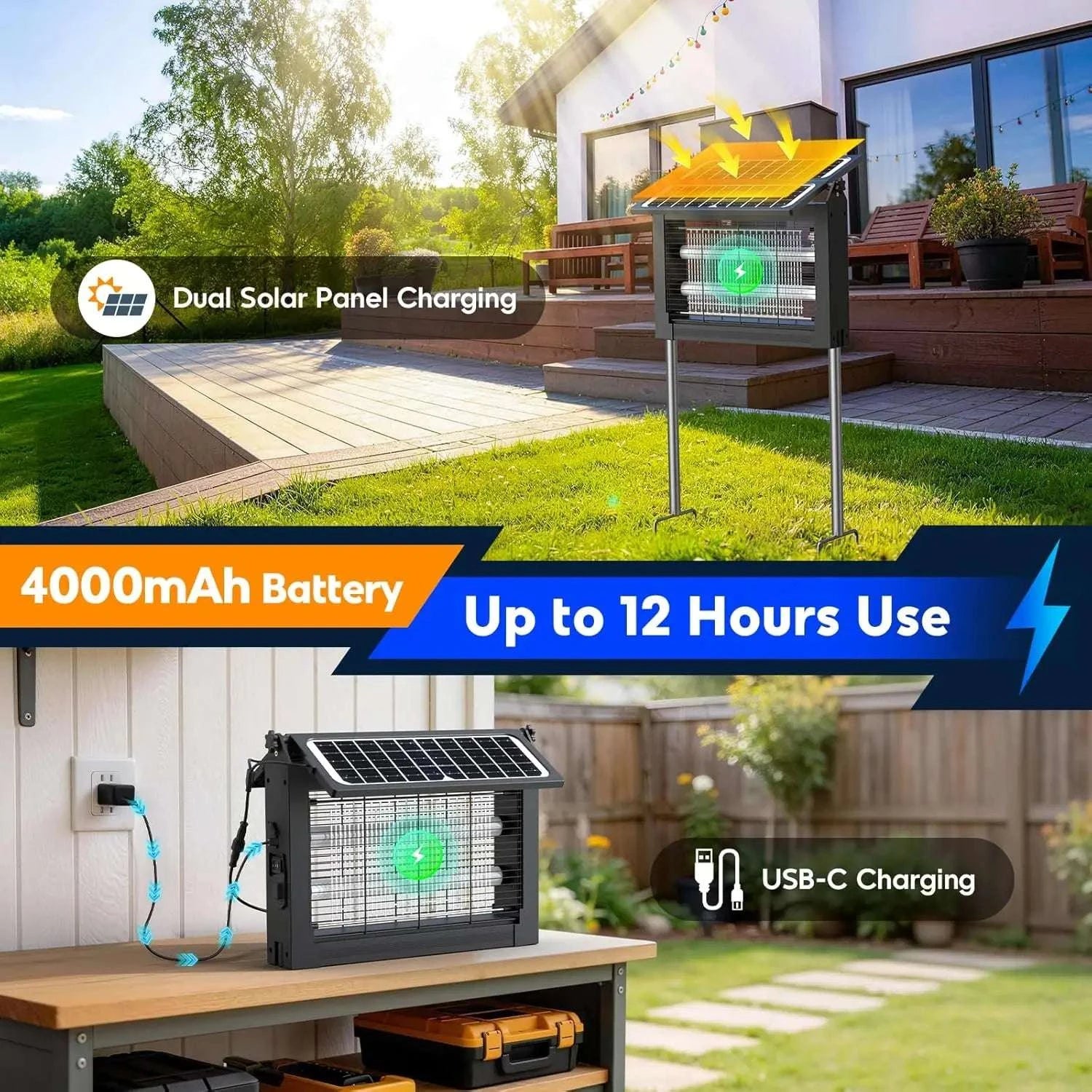 Solar Bug Zapper 4500V with Dual Panels & USB, IPX5 Outdoor-black / Blue / United States