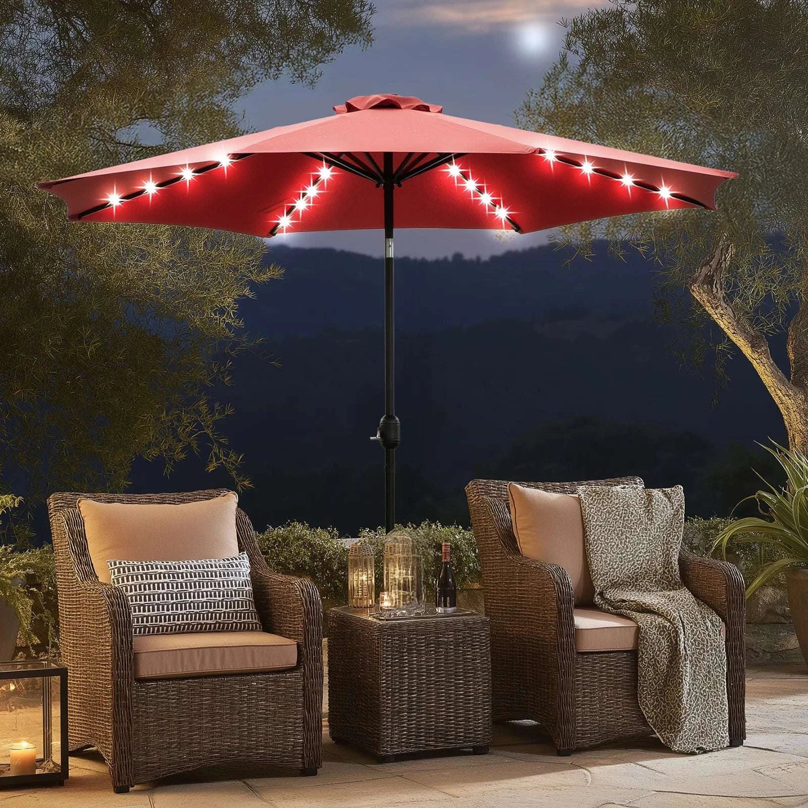 Solar LED Patio Umbrella with Tilt & Crank, 32 Lights Outdoor Shade-RED / United States