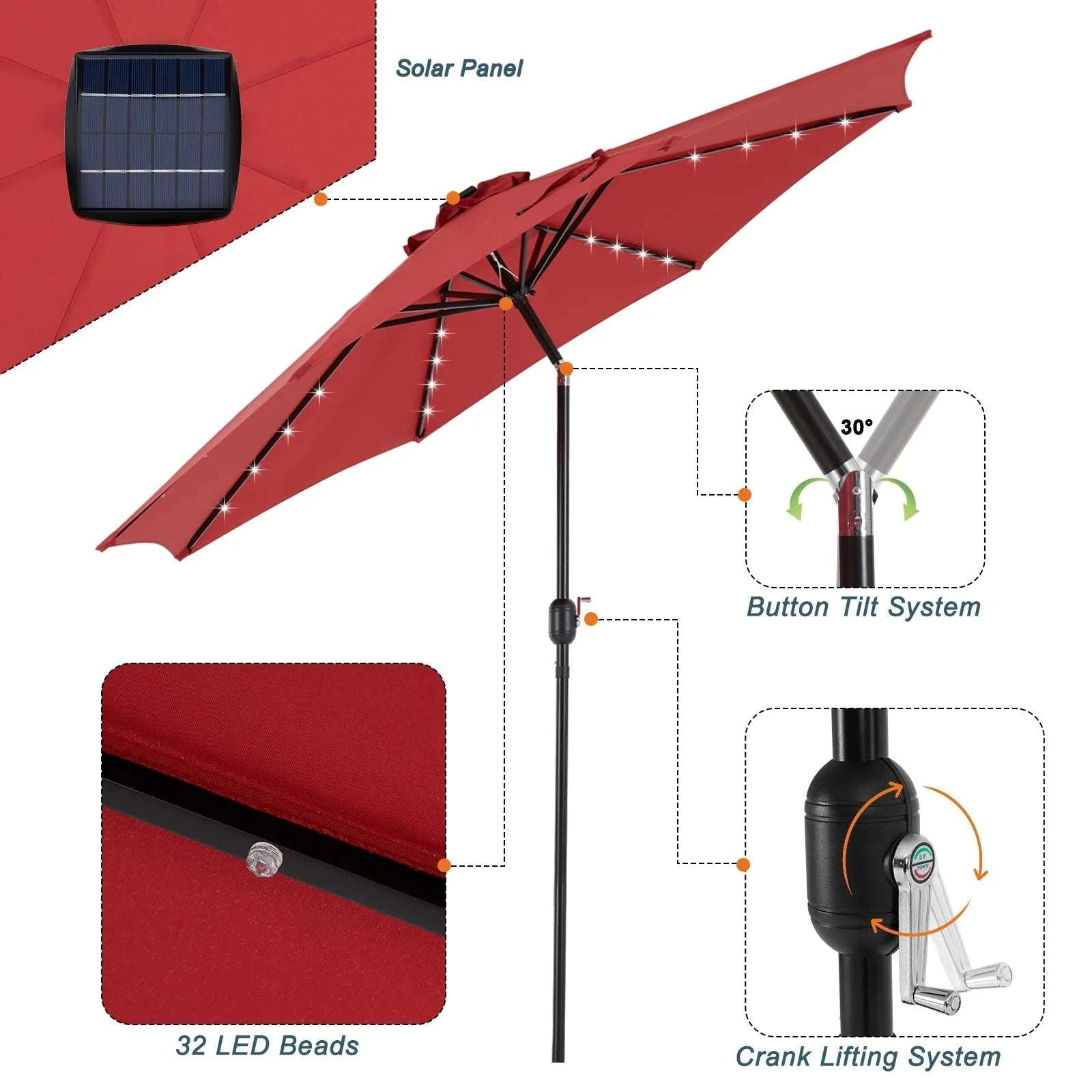 Solar LED Patio Umbrella with Tilt & Crank, 32 Lights Outdoor Shade-RED / United States