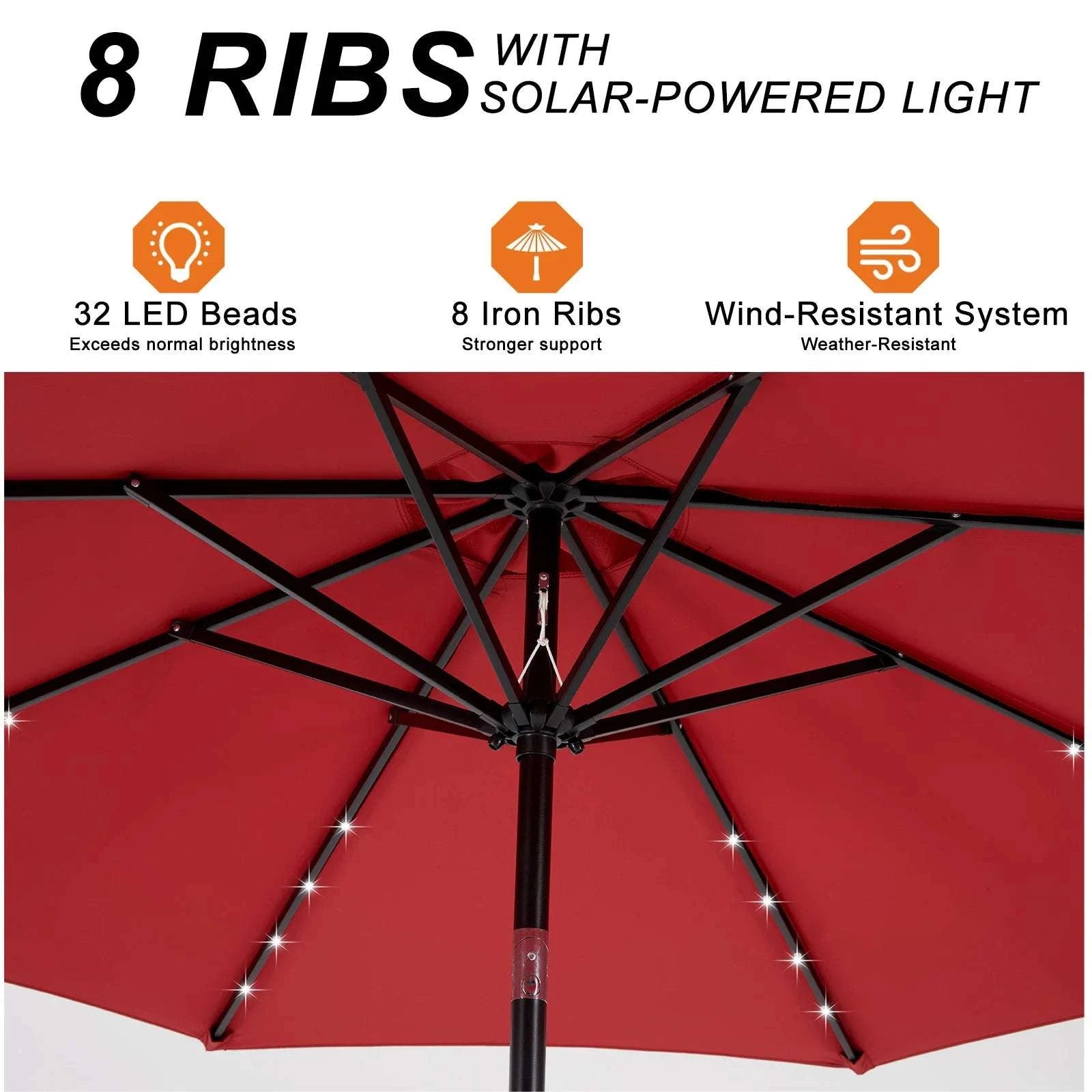 Solar LED Patio Umbrella with Tilt & Crank, 32 Lights Outdoor Shade-RED / United States