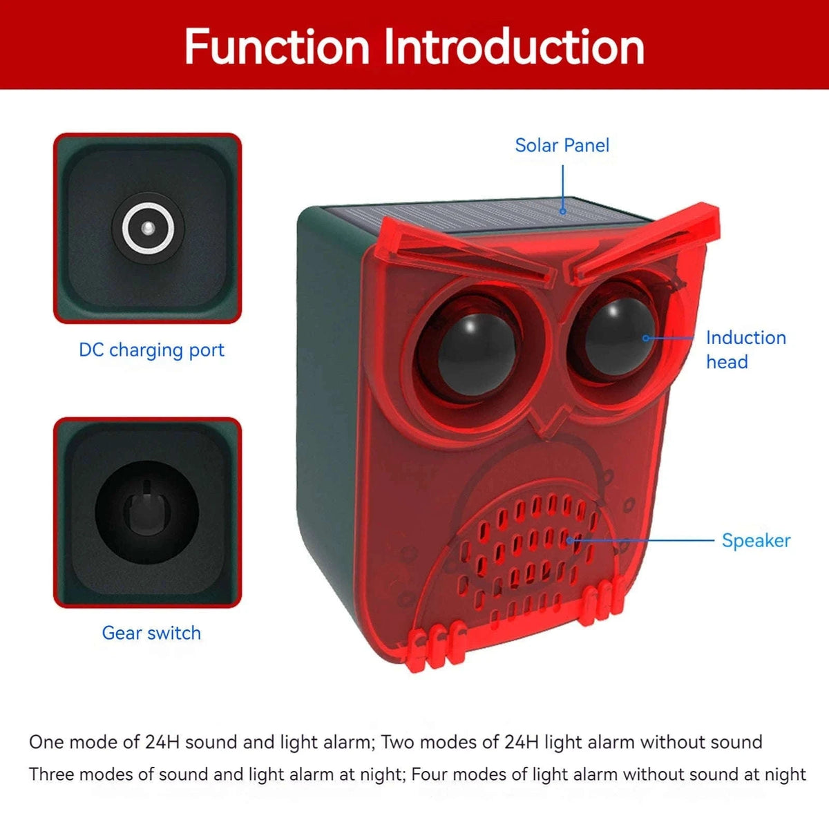 Solar Motion Sensor Alarm with Dog Barking & Gunshot Sounds-Red