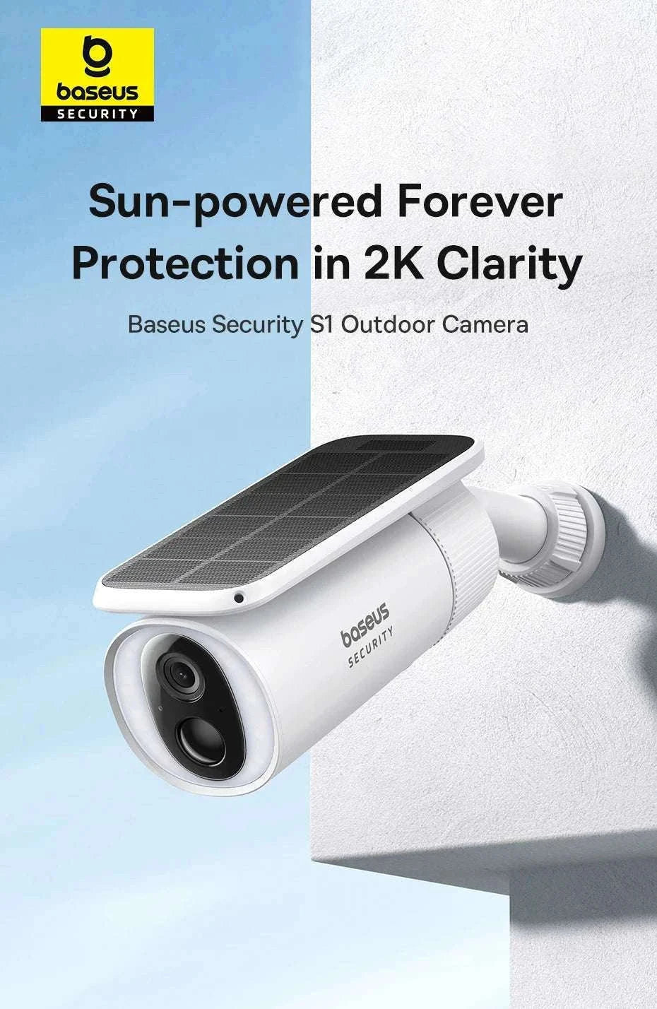 Solar Outdoor Security Camera 2K WiFi 145° Wide-Angle Night Vision-White
