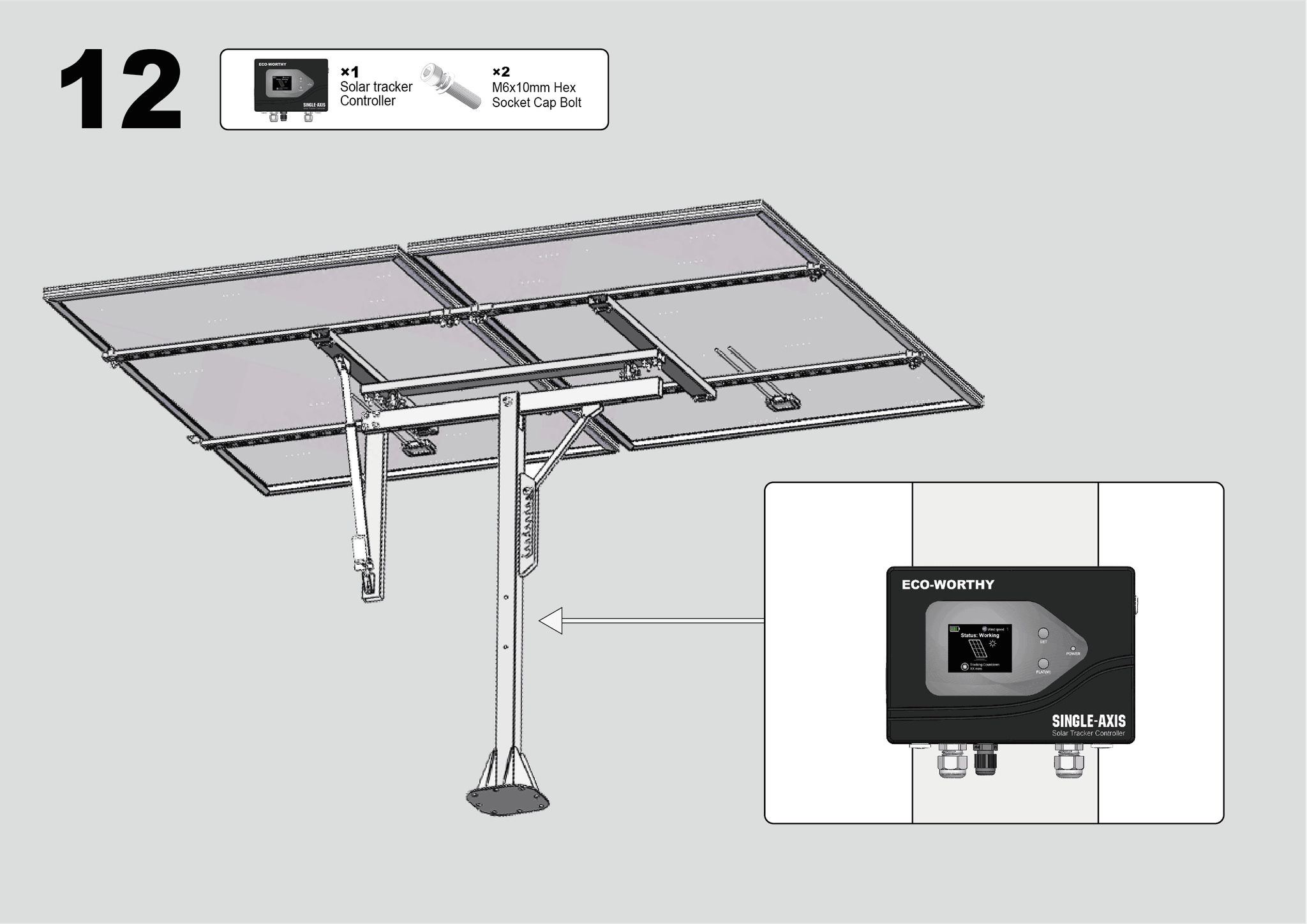 Solar Panel Single Axis Tracker System with Controller, 30% More Power-WHITE / United States