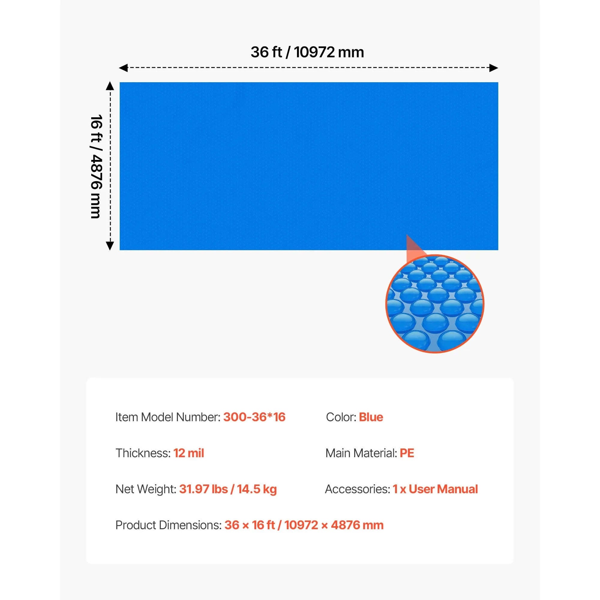 Solar Pool Cover with Bubble PE Material-18ft 16mil / United States