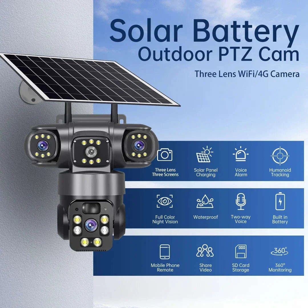Solar PTZ Security Camera with Triple Lens and Triple Screens-4G Sim Cam 256g Card