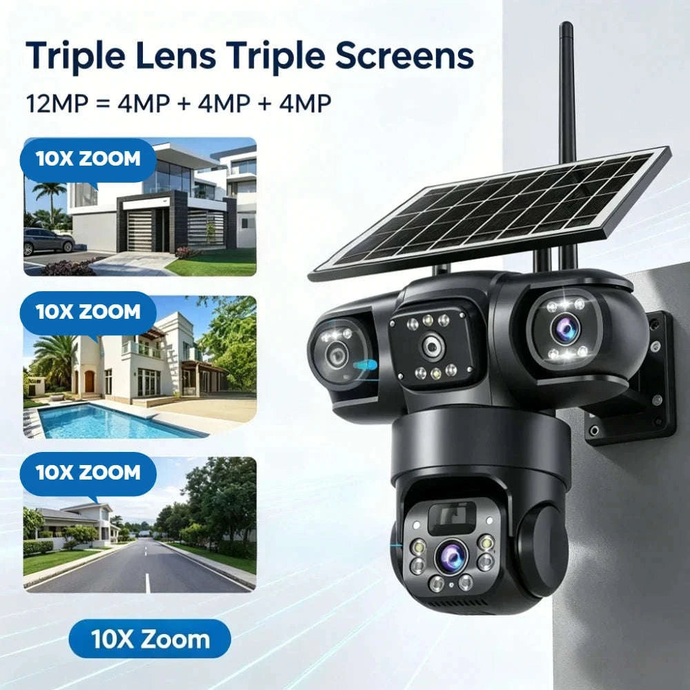 Solar PTZ Security Camera with Triple Lens and Triple Screens-4G Sim Cam 256g Card