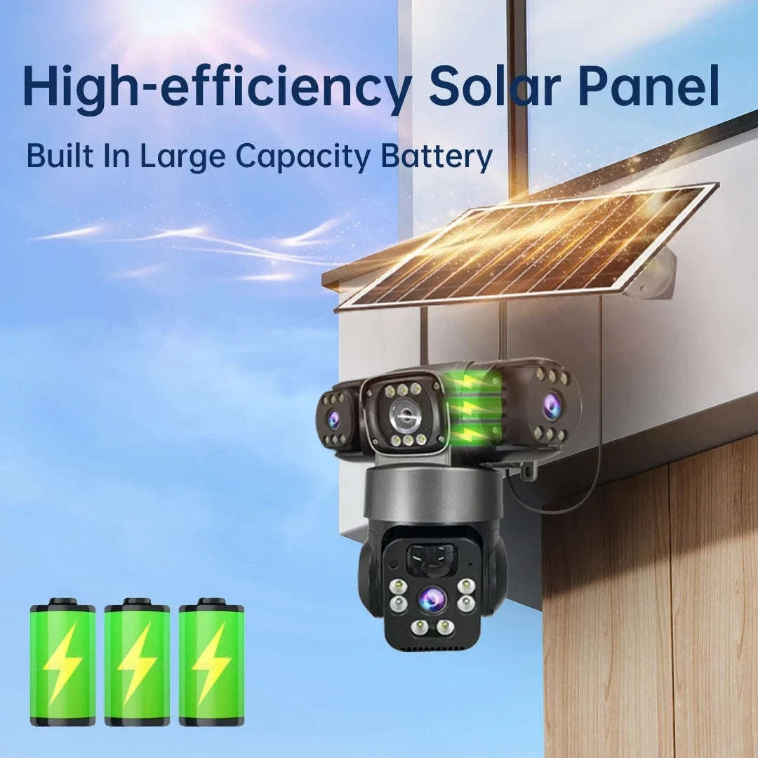 Solar PTZ Security Camera with Triple Lens and Triple Screens-4G Sim Cam 256g Card