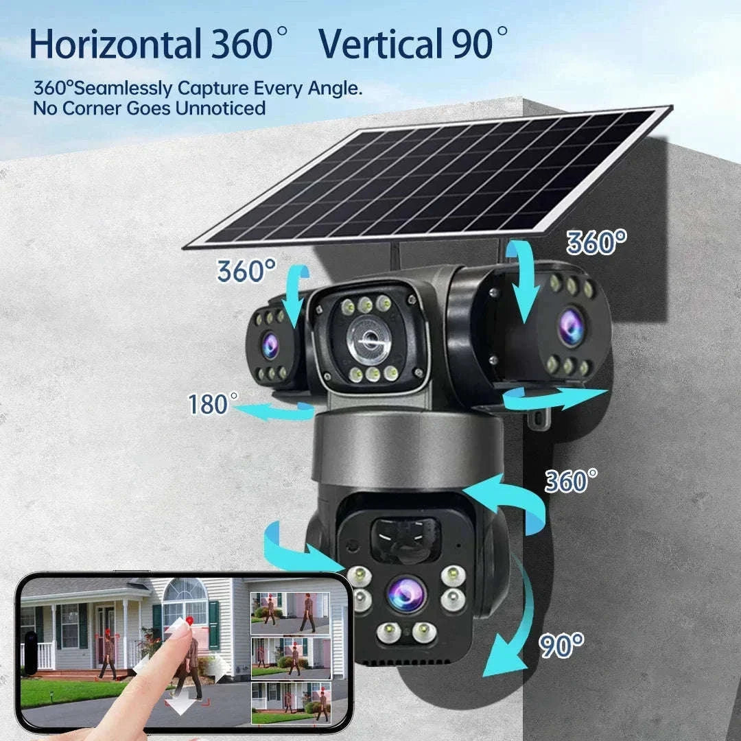 Solar PTZ Security Camera with Triple Lens and Triple Screens-4G Sim Cam 256g Card