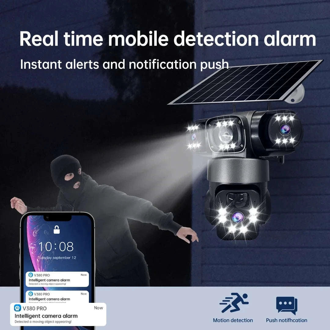 Solar PTZ Security Camera with Triple Lens and Triple Screens-4G Sim Cam 256g Card