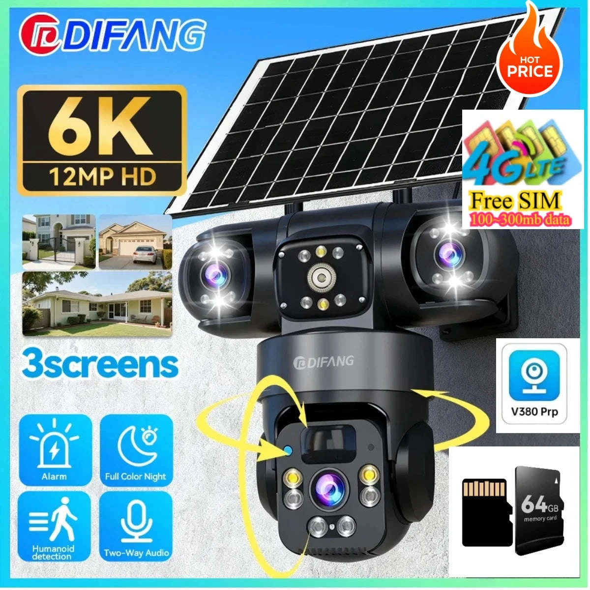 Solar PTZ Security Camera with Triple Lens and Triple Screens-4G Sim Cam 256g Card