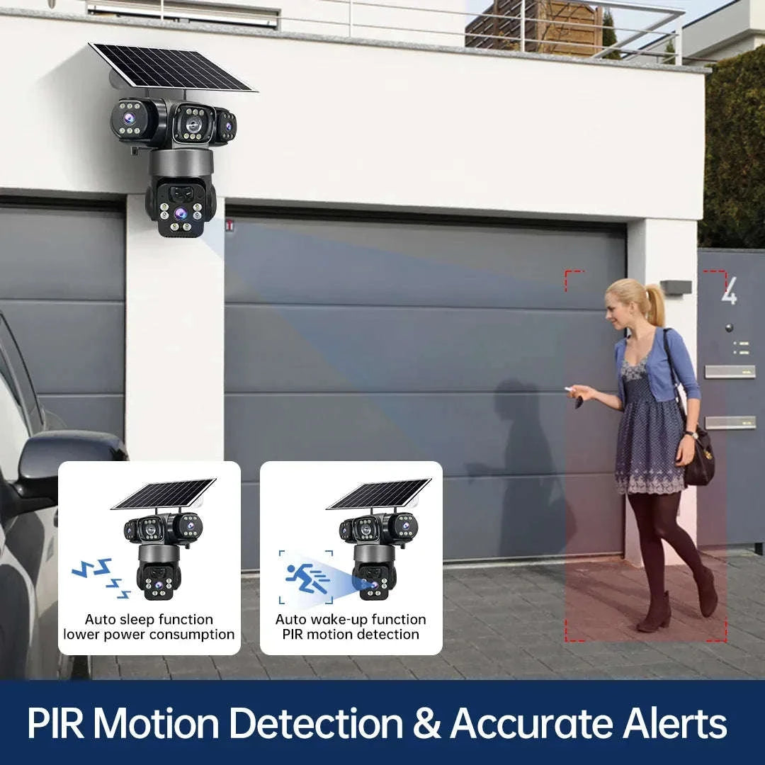Solar PTZ Security Camera with Triple Lens and Triple Screens-4G Sim Cam 256g Card
