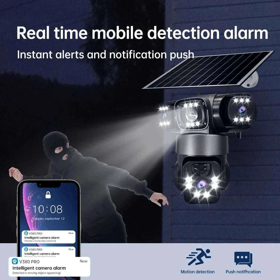Solar PTZ Security Camera with Triple Lens and Triple Screens-4G Sim Cam 256g Card
