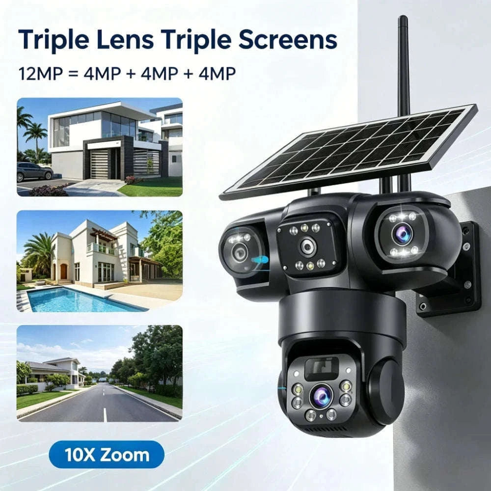 Solar PTZ Security Camera with Triple Lens and Triple Screens-4G Sim Cam 256g Card