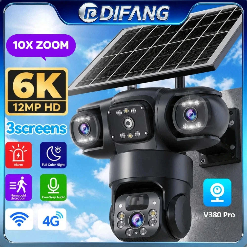 Solar PTZ Security Camera with Triple Lens and Triple Screens-4G Sim Cam 256g Card