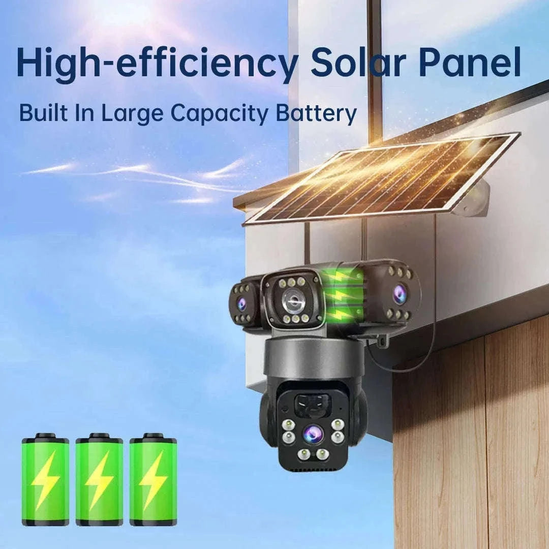 Solar PTZ Security Camera with Triple Lens and Triple Screens-4G Sim Cam 256g Card