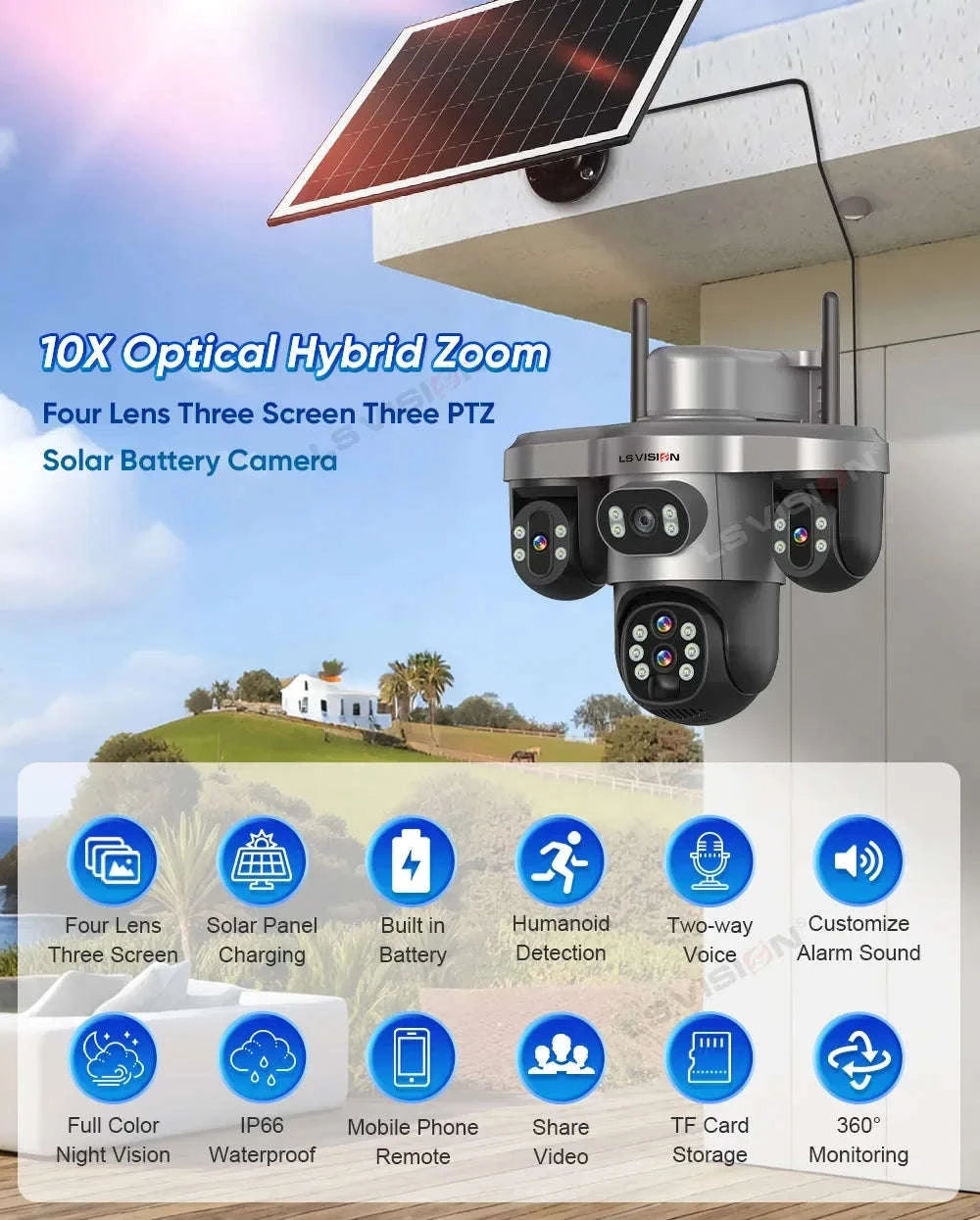 Solar Security Camera 20MP 10X Optical Zoom PTZ IP66-4G 10X Zoom No Card / Poland