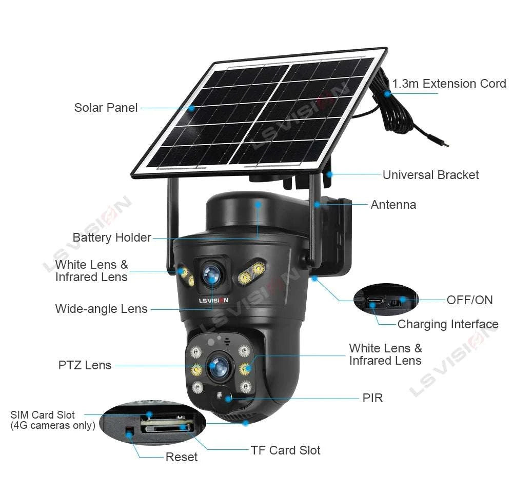 Solar Security Camera 8MP Dual Lens 4G/WiFi PTZ with Night Vision-4G Cam Add 128G / China Mainland
