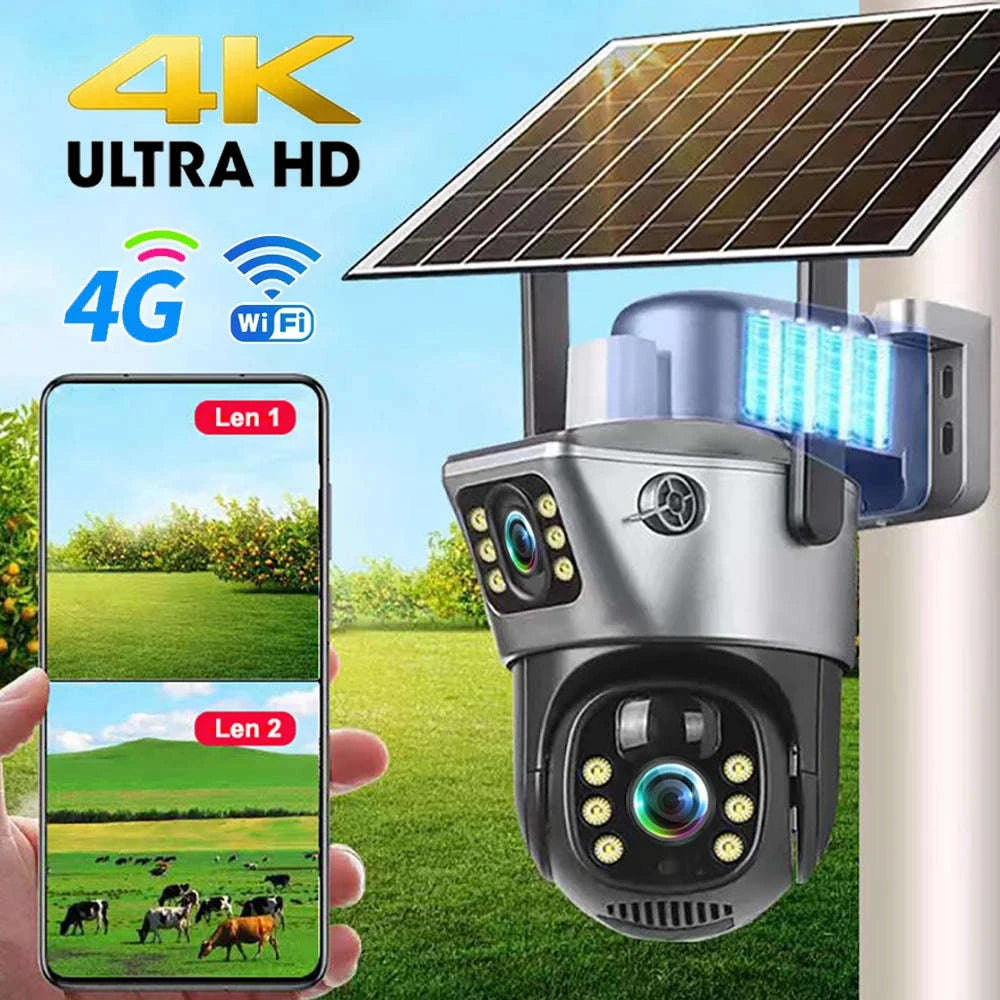 Solar Security Camera Dual Lens 8MP 4K Outdoor WiFi 4G-4G Cam 32GB Card