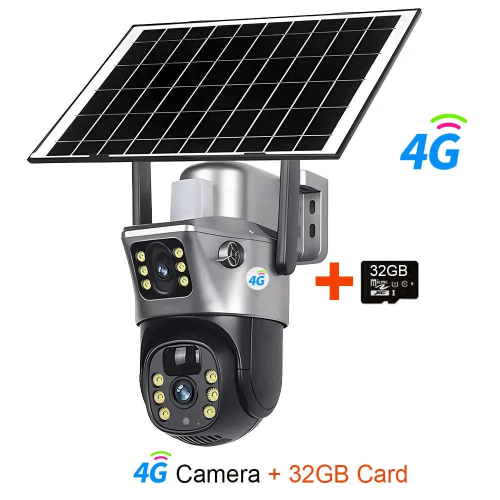 Solar Security Camera Dual Lens 8MP 4K Outdoor WiFi 4G-4G Cam 32GB Card