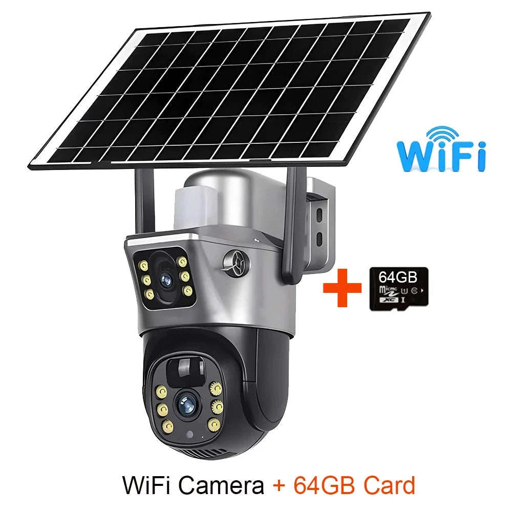 Solar Security Camera Dual Lens 8MP 4K Outdoor WiFi 4G-4G Cam 32GB Card