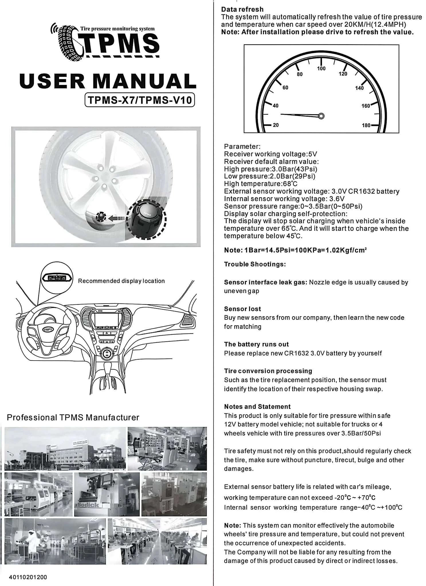 Solar TPMS Tire Pressure Monitor with LCD Display & Safety Alerts-Internal sensor / China Mainland / black