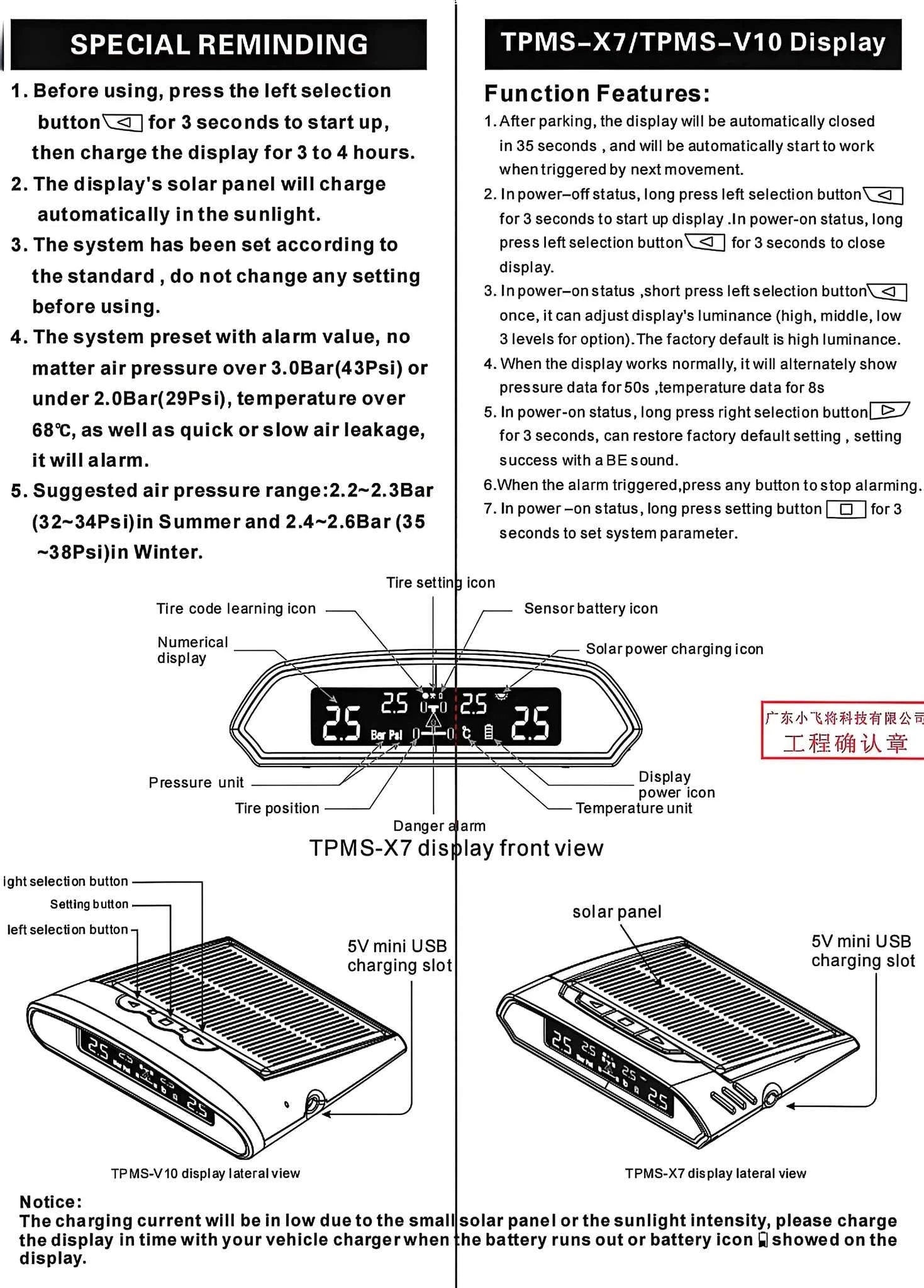 Solar TPMS Tire Pressure Monitor with LCD Display & Safety Alerts-Internal sensor / China Mainland / black