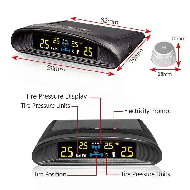 Solar TPMS Tire Pressure Monitor with LCD Display & Safety Alerts-Internal sensor / China Mainland / black