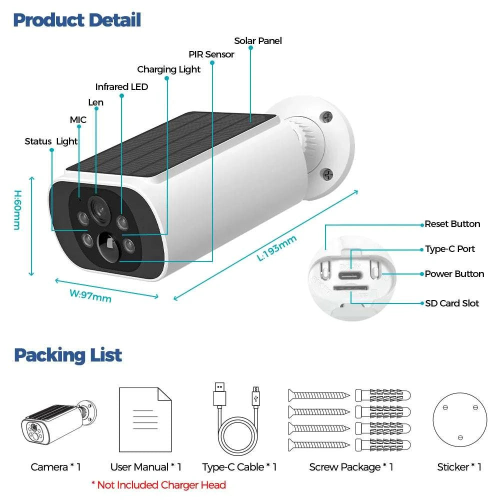 Solar WiFi Security Camera 2.5K AI Detection Night Vision IP67-Black / China Mainland