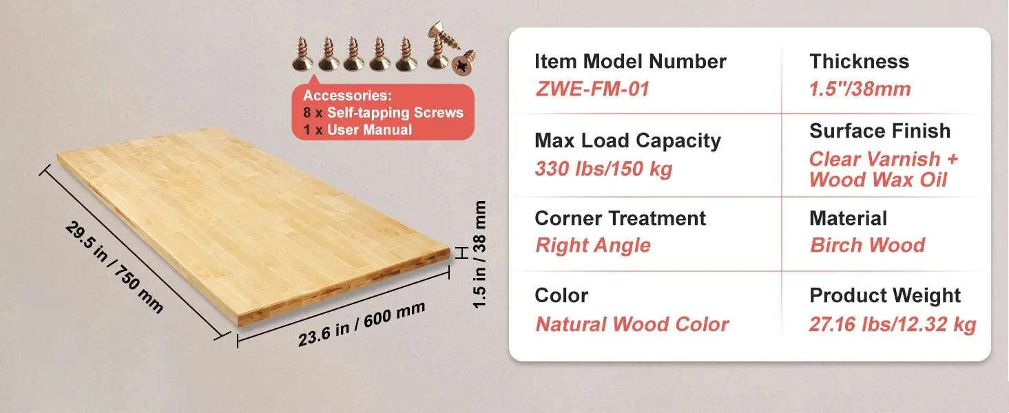 Solid Maple Wood Table Top Desktop 1.5" Thick 330 lb Capacity-