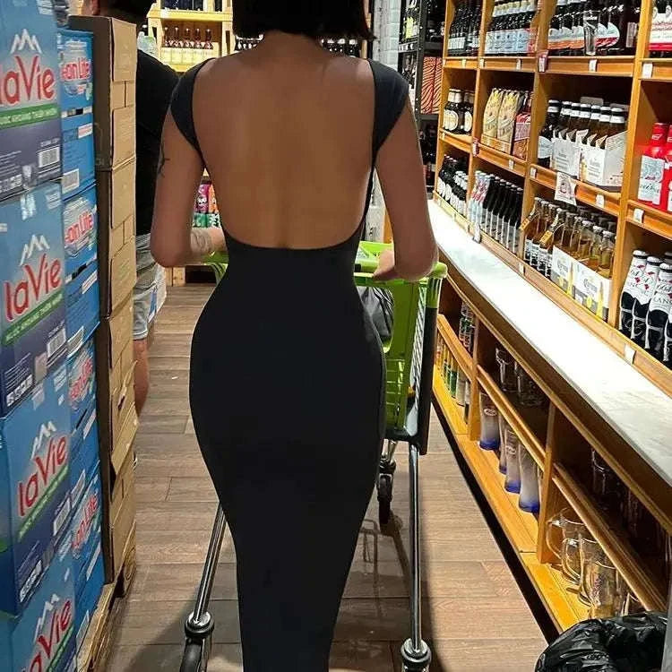 Solid Sexy Backless Maxi Dress for Women-Dark Grey / M