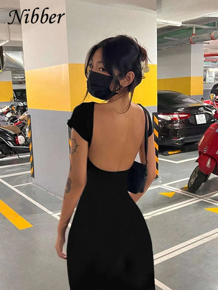 Solid Sexy Backless Maxi Dress for Women-Dark Grey / M