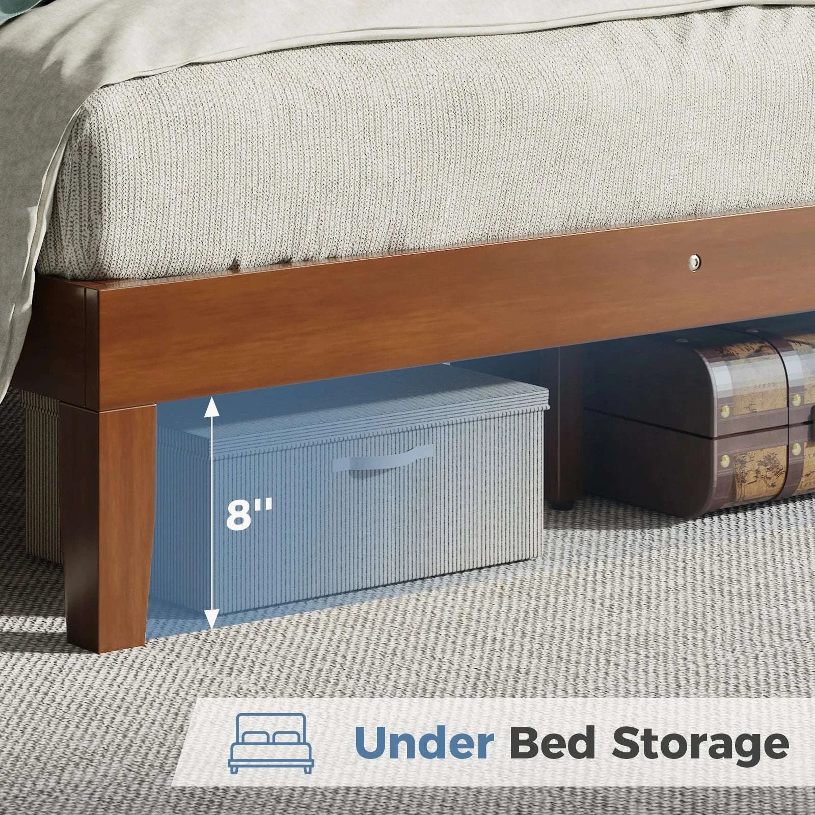 Solid Wood Platform Bed Frame with Headboard and Under-Bed Storage-Brown / Twin / United States