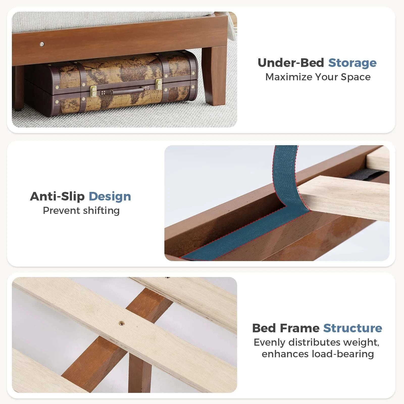 Solid Wood Platform Bed Frame with Headboard and Under-Bed Storage-Brown / Twin / United States