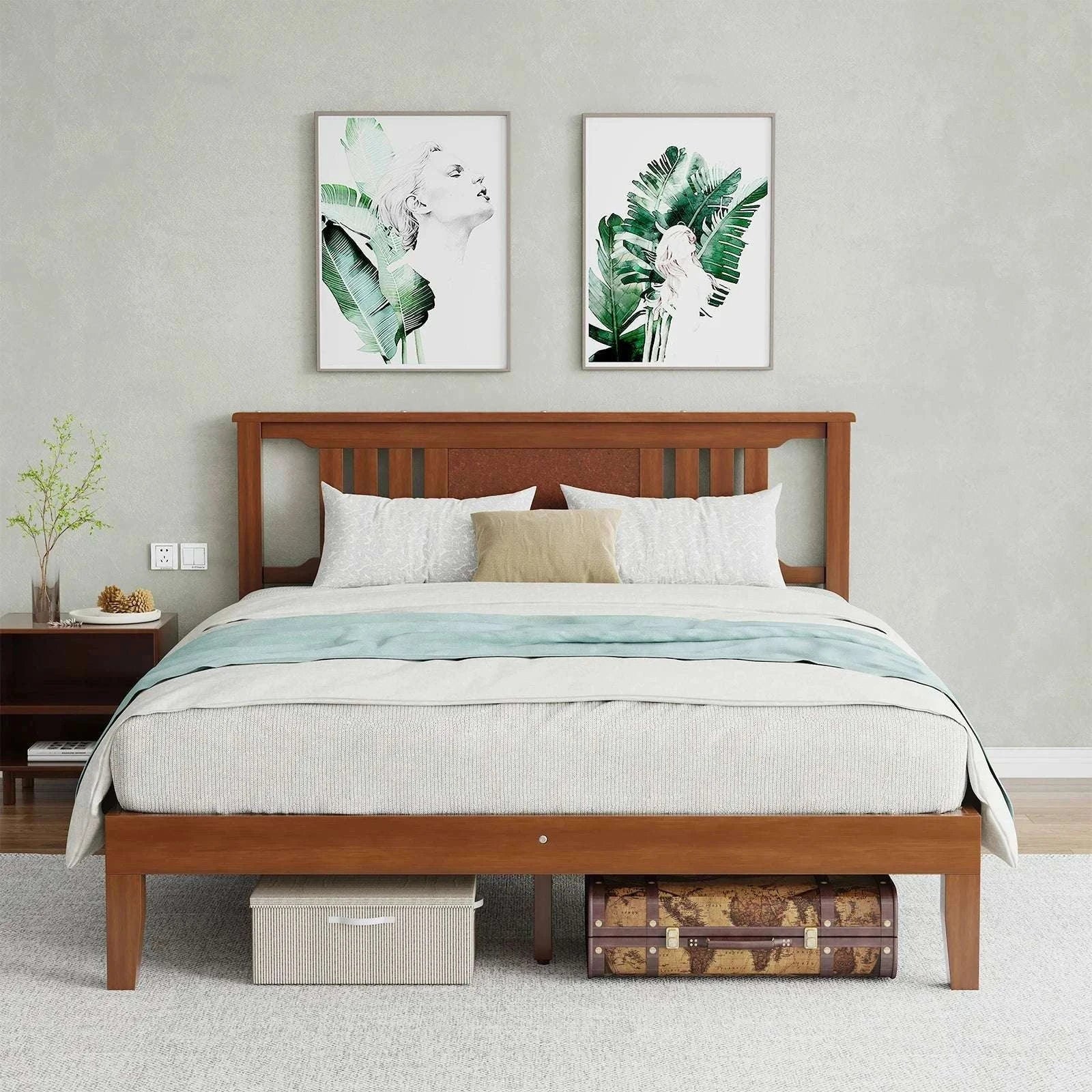 Solid Wood Platform Bed Frame with Headboard and Under-Bed Storage-Brown / Twin / United States