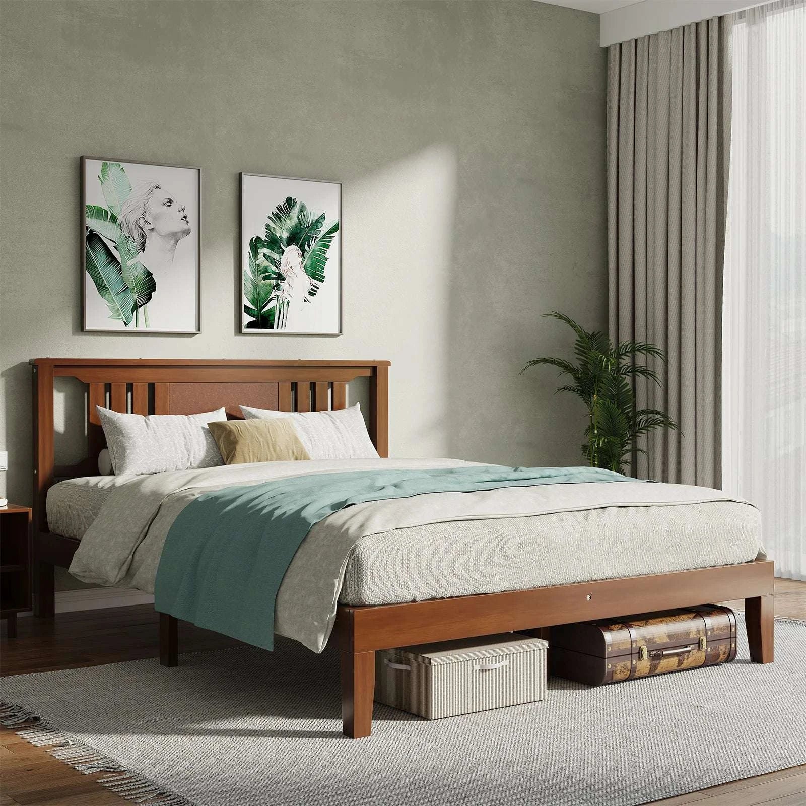 Solid Wood Platform Bed Frame with Headboard and Under-Bed Storage-Brown / Twin / United States