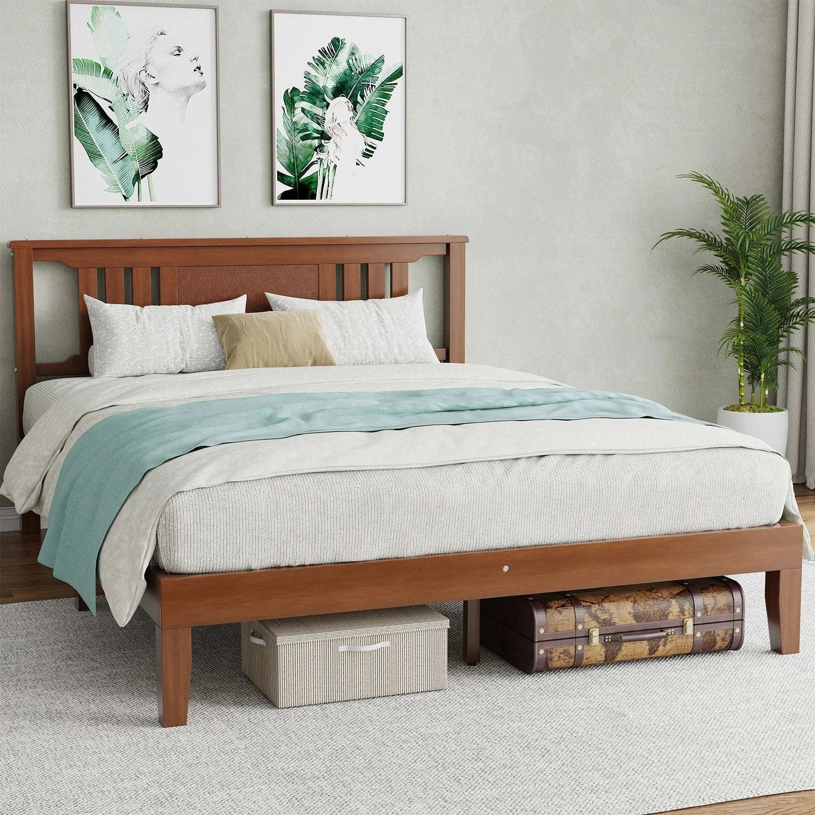 Solid Wood Platform Bed Frame with Headboard and Under-Bed Storage-Brown / Twin / United States