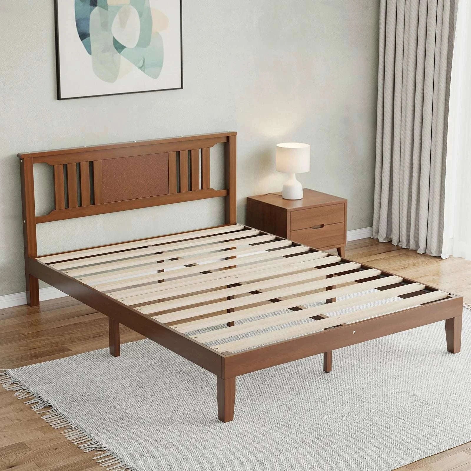 Solid Wood Platform Bed Frame with Headboard and Under-Bed Storage-Brown / Twin / United States